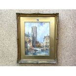 JAMES HOLLAND (1800-1870) ENGLAND SIGNED WATERCOLOUR CHURCH BY THE RIVER SCENE FRAMED AND GLAZED