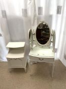 FRENCH STYLE WHITE EMBOSSED BEDSIDE TABLE, AND CABINET AND DRESSING TABLE TRIPLE MIRROR.