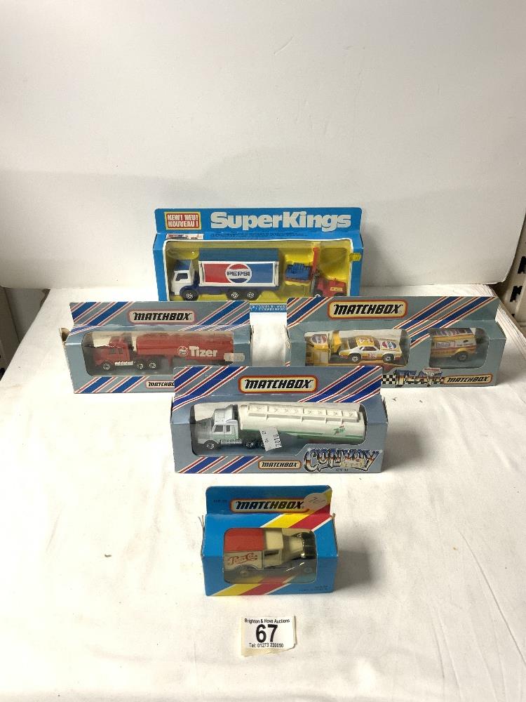 MATCHBOX PEPSI DELIVERY TRUCK AND FORK LIFT IN BOX, MATCHBOX 7 UP TANKER IN BOX, AND THREE OTHERS IN