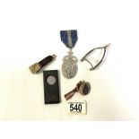 HALLMARKED SILVER WISHBONE WITH HALLMARKED SILVER MASONIC MEDAL AND CIGAR CUTTERS AND MORE