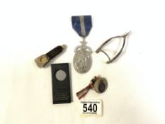 HALLMARKED SILVER WISHBONE WITH HALLMARKED SILVER MASONIC MEDAL AND CIGAR CUTTERS AND MORE