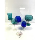 LARGE BLUE GLASS BRANDY BALLOON, TWO OTHERS, AND A TALL GREEN GLASS 32 CMS, AND TWO MORE PIECES.