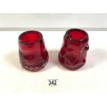 TWO VINTAGE WHITEFRIARS RUBY GLASS VASES, 13.5 CMS TALLEST.