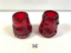 TWO VINTAGE WHITEFRIARS RUBY GLASS VASES, 13.5 CMS TALLEST.