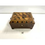 VICTORIAN TUNBRIDGE WARE AND PARQUETRY INLAID BURR YEWOOD SEWING BOX ON BUN FEET, 27X22 CMS.