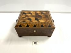 VICTORIAN TUNBRIDGE WARE AND PARQUETRY INLAID BURR YEWOOD SEWING BOX ON BUN FEET, 27X22 CMS.