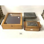 WOODEN CIGARETTE BOX WITH EMBOSSED METAL MOUNT DEPICTING VOLCANO, AND A METAL GAMES BOX, AND SMALL