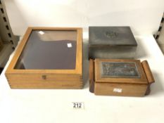 WOODEN CIGARETTE BOX WITH EMBOSSED METAL MOUNT DEPICTING VOLCANO, AND A METAL GAMES BOX, AND SMALL