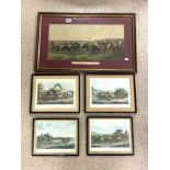 VICTORIAN COLOURED PRINT - RACING SCENE ( A FALSE START ) 28 X 55 CM WITH A SET OF FOUR COLOURED