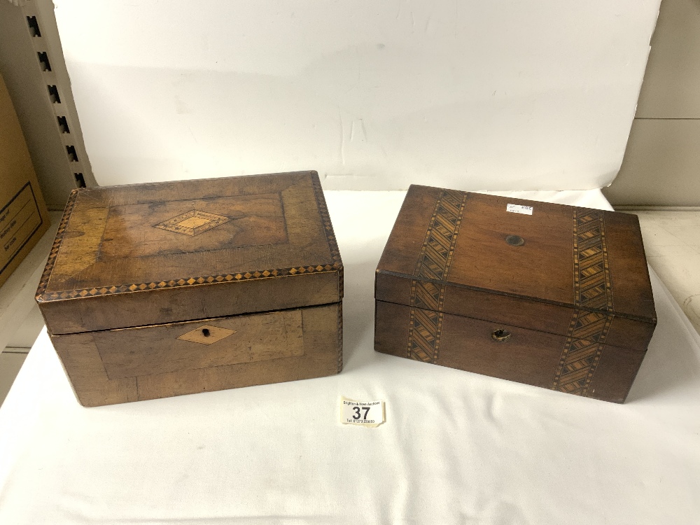 TWO VICTORIAN WALNUT AND PARQUETRY INLAID SEWING BOXES, 26 CMS.