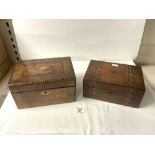 TWO VICTORIAN WALNUT AND PARQUETRY INLAID SEWING BOXES, 26 CMS.