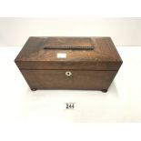 EARLY VICTORIAN ROSEWOOD TEA CADDY WITH TEA BOXES AND GLASS MIXING BOWL, ON BUN FEET, 30 CMS.