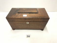 EARLY VICTORIAN ROSEWOOD TEA CADDY WITH TEA BOXES AND GLASS MIXING BOWL, ON BUN FEET, 30 CMS.