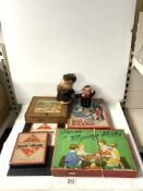VINTAGE GAMES - INCLUDING A WAR TIME EDITION OF MONOPOLY WITH CARDBOARD SPINNER.