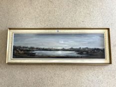 MODERN OIL ON BOARD OF A TOWN RIVER SCENE, MONOGRAMED L R, 105X30 CMS.