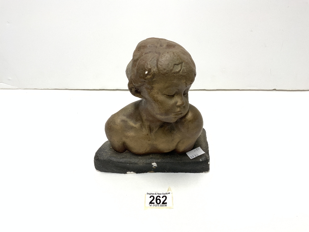 A GILT PAINTED PLASTER BUST OF A CHILD, 20 CMS.