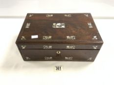 VICTORIAN ROSEWOOD AND MOTHER O PEARL INLAID WRITING BOX WITH FITTED INTERIOR, 36X23 CMS.