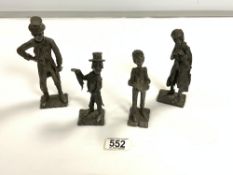 FOUR LEAD FIGURES OF DICKENS CHARACTERS BY D GREEN, 18 CMS TALLEST.