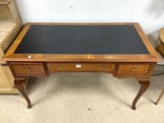 VINTAGE THREE DRAWER DESK WITH BLACK TOOLED LEATHER ON CABRIOLE LEGS 128 X 66 CM