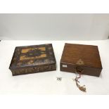 FLORAL TUNBRIDGE WARE WRITING BOX A/F, AND A FOLDING MAHOGANY WORK BOX.