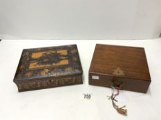 FLORAL TUNBRIDGE WARE WRITING BOX A/F, AND A FOLDING MAHOGANY WORK BOX.
