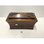 EARLY VICTORIAN ROSEWOOD SARCOPHAGUS SHAPED TEA CADDY WITH TEA BOXES AND GLASS MIXING BOWL, AND