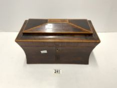 EARLY VICTORIAN ROSEWOOD SARCOPHAGUS SHAPED TEA CADDY WITH TEA BOXES AND GLASS MIXING BOWL, AND