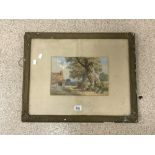 VICTORIAN WATERCOLOUR OF FIGURES BY A COUNTRY COTTAGE - SIGNED L PINHORN WOOD, 32X22 CMS.