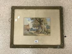 VICTORIAN WATERCOLOUR OF FIGURES BY A COUNTRY COTTAGE - SIGNED L PINHORN WOOD, 32X22 CMS.