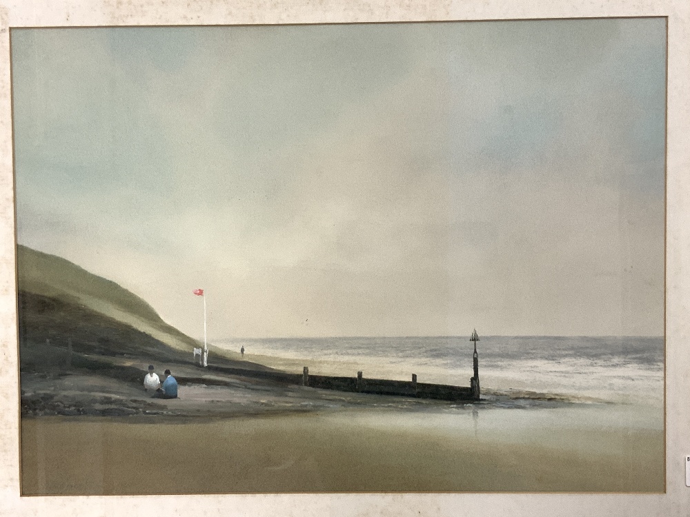 WATERCOLOUR STUDY OF TWO FIGURES SITTING BY A JETTY, INDISTINCLY SIGNED, 50X37. - Image 2 of 4