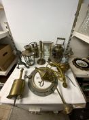 A VINTAGE BRASS BLOW LAMP, BRASS LANTERN, PAIR FIRE DOGS AND OTHER BRASSWARE.