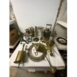 A VINTAGE BRASS BLOW LAMP, BRASS LANTERN, PAIR FIRE DOGS AND OTHER BRASSWARE.