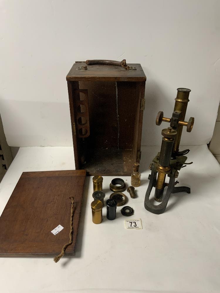 A VICTORIAN BRASS MICROSCOPE IN MAHOGANY CASE, WITH ADDITIONAL LENSES STAMPED - THE MUTER