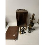 A VICTORIAN BRASS MICROSCOPE IN MAHOGANY CASE, WITH ADDITIONAL LENSES STAMPED - THE MUTER