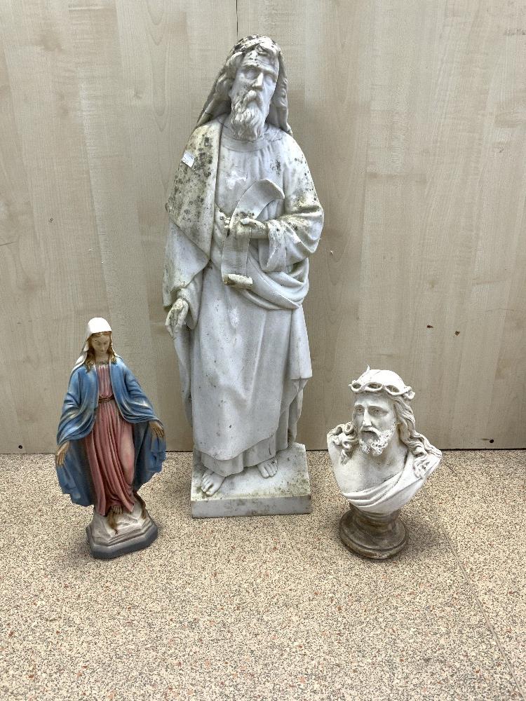 ANTIQUE MARBLE FIGURE OF A SAINT, 74 CMS, PLASTER FIGURE OF MARY AND A BUST OF JESUS. - Image 2 of 3