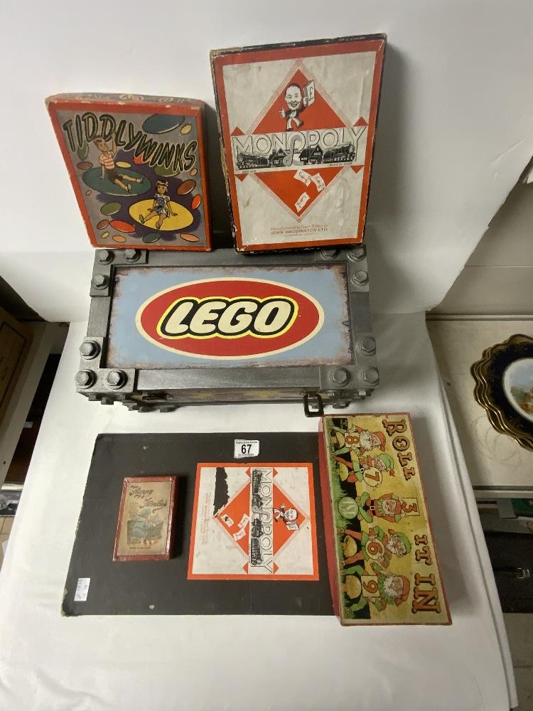 A LEGO STORAGE BOX, VINTAGE GAMES - MONOPOLY, ROLL IT IN, TIDDLYWINKS, AND HAPPY FAMILIES CARDS.