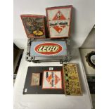 A LEGO STORAGE BOX, VINTAGE GAMES - MONOPOLY, ROLL IT IN, TIDDLYWINKS, AND HAPPY FAMILIES CARDS.