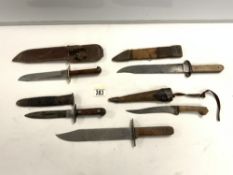 FOUR MILITARY COMBAT KNIVES, AND A HORN HANDLED FISHING KNIFE.