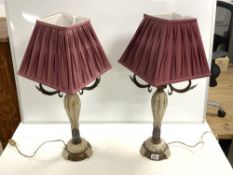 PAIR OF PAINTED WOODEN AND METAL ACANTHUS LEAF DECORATED TABLE LAMPS, 60 CMS.