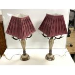 PAIR OF PAINTED WOODEN AND METAL ACANTHUS LEAF DECORATED TABLE LAMPS, 60 CMS.