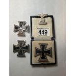 TWO GERMAN FIRST WORLD WAR 1914 IRON CROSSES, 28 AND 31 GMS, A GERMAN 1939 SECOND WORLD WAR IRON