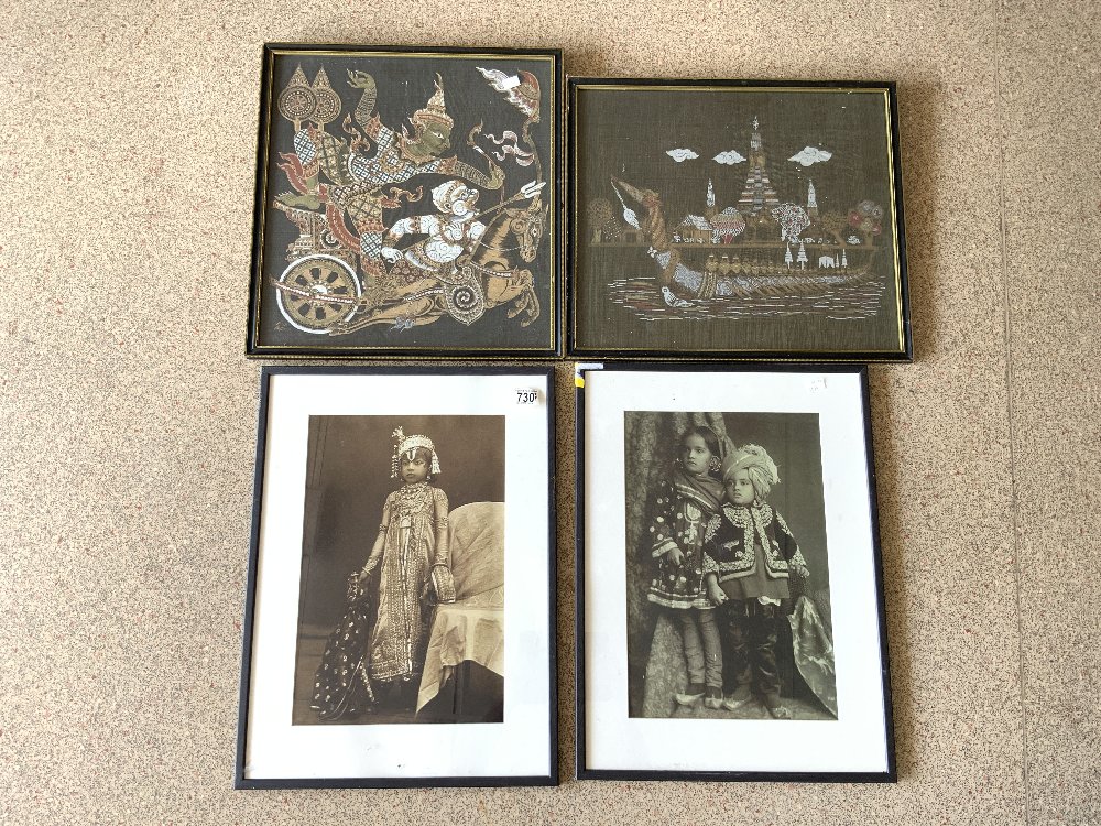 VINTAGE BALINESE PICTURE OF CHARIOT ON MATERIAL, AND ANOTHER OF LONG BOAT, BOTH FRAMED, 44X48 CMS.