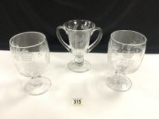 PAIR OF WEBB WHEELED ENGRAVED GLASS WITH AN ETCHED TWIN HANDLE TROPHY VASE ALL DATED 1953 CORONATION