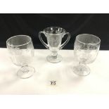 PAIR OF WEBB WHEELED ENGRAVED GLASS WITH AN ETCHED TWIN HANDLE TROPHY VASE ALL DATED 1953 CORONATION