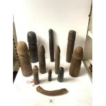 ELEVEN CARVED WOODEN PHALLUS, 33CMS LARGEST.