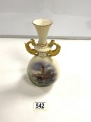 ROYAL WORCESTER VASE WITH HAND PAINTED SCENE MUMBLES LIGHTHOUSE SWANSEA BAY, WITH GILT SERPENT