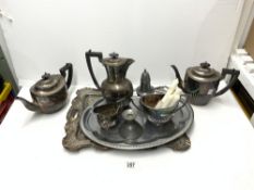 FOUR PIECE SILVER PLATED TEA AND COFFEE SET, SHAPED DRINKS TRAY, AND OVAL MEAT PLATE ETC.