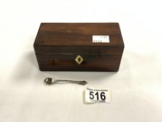 EARLY VICTORIAN MINATURE MAHOGANY TEA CADDY, WITH TEA BOXES AND GLASS MIXING BOWL, 14X6 CMS.