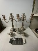 PAIR OF SILVER-PLATED 3-BRANCH CANDELABRA, PLATED 3-PIECE BATCHELORS TEA SET, AND A TOAST RACK.