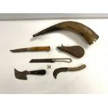 A STEEL MILITARY BONE SAW, FRENCH FISHING KNIFE, TWO VINTAGE BILLHOOK KNIVES, A POWDER FLASK, AND